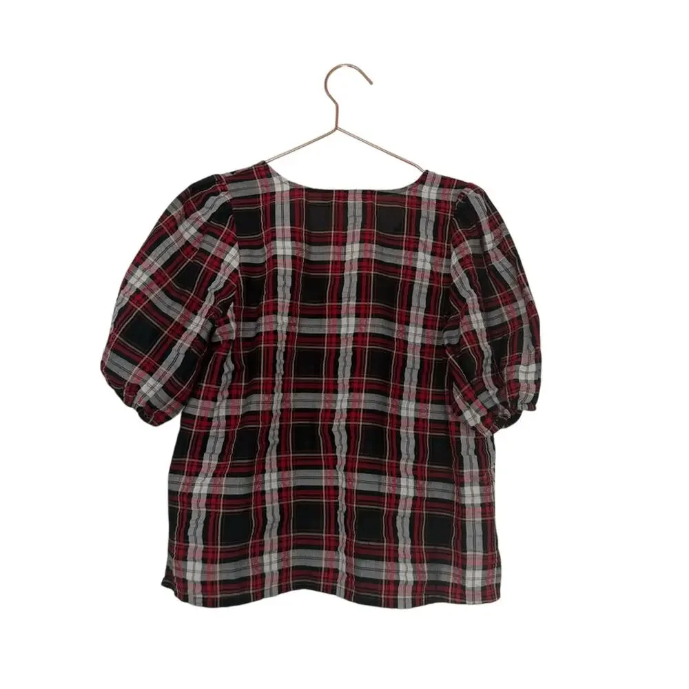 LOFT Black and Red Checkered plaid Puff Sleeve Blouse size small